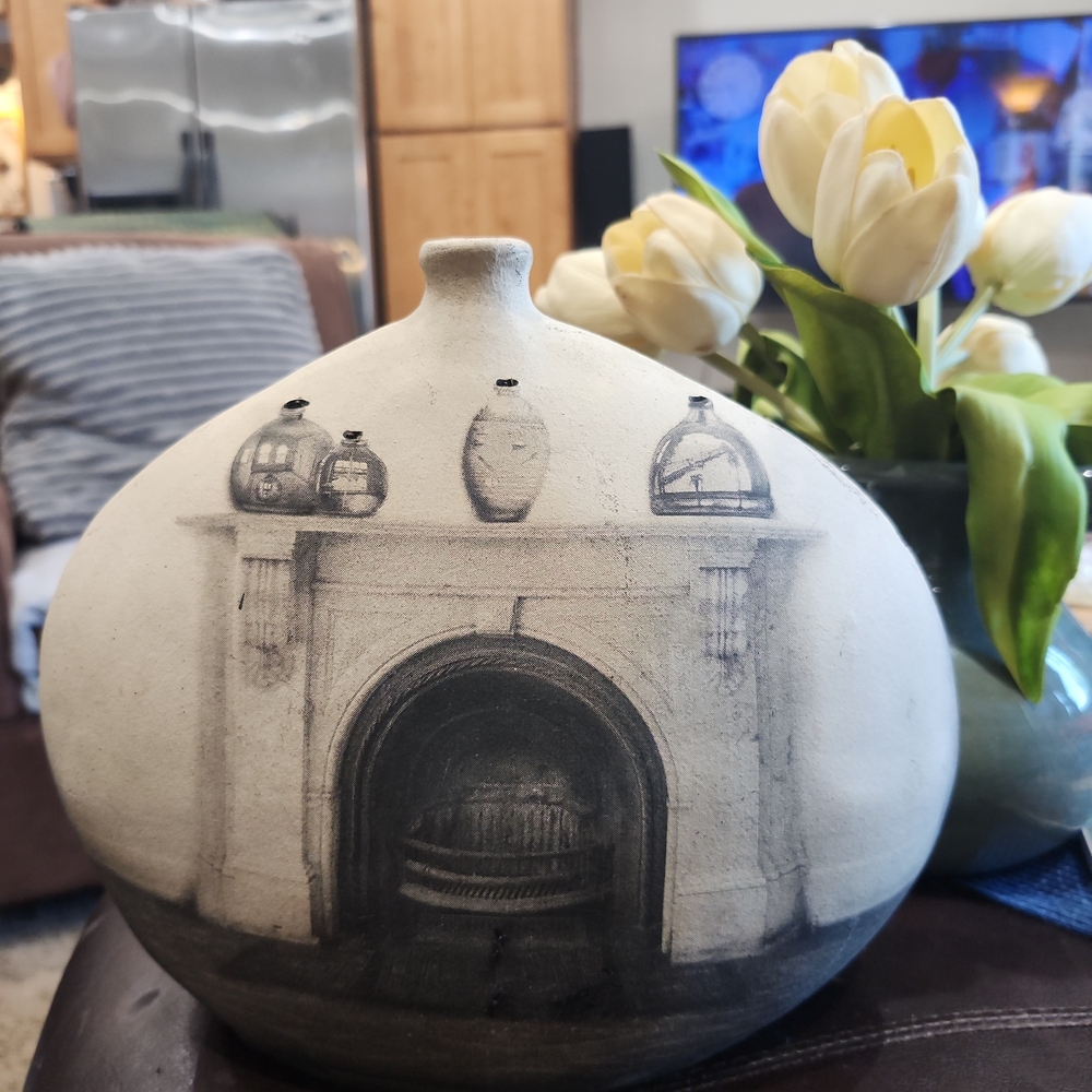 Black and White Ceramic Art Vase with Architectural Design
